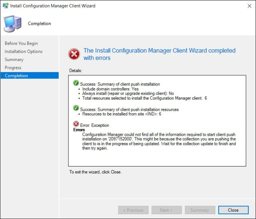 Configuration Manager could not find the information required to start client push installation