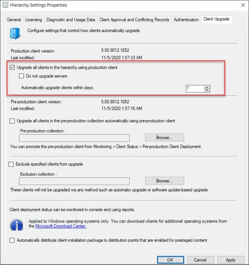 Enable Automatic Client Upgrades in SCCM