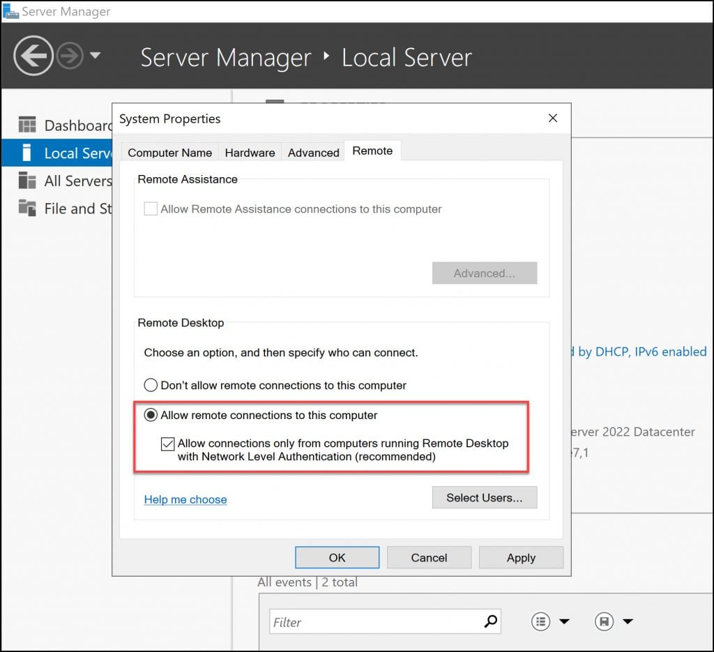 Enable Remote Desktop in Windows Server 2022